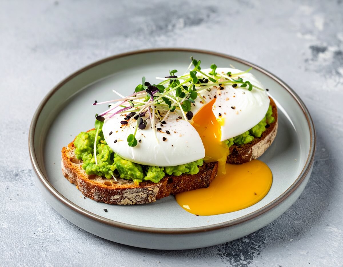 Tosta de aguacate con huevo poché con aceite de oliva para cena ligera y rápida